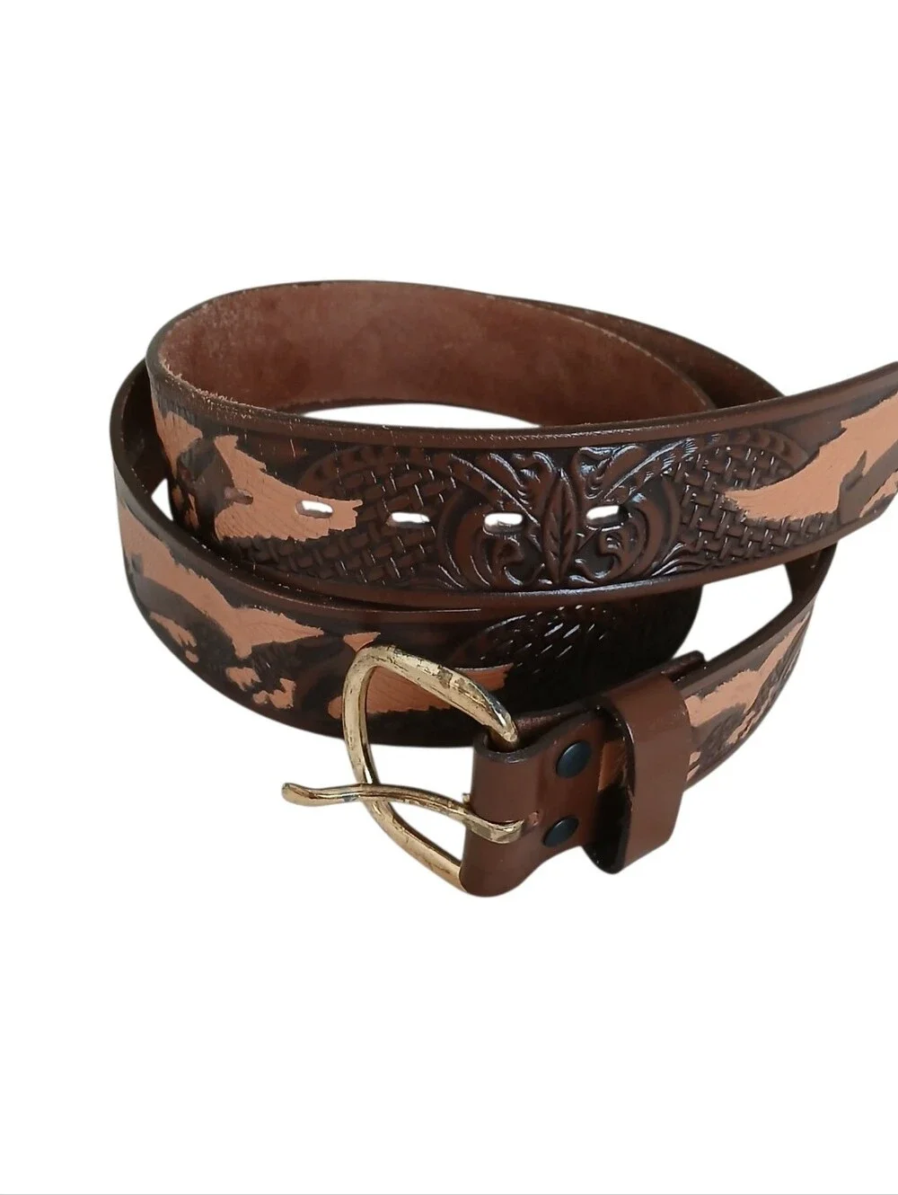 Top Grain Leather Tooled Eagle Western Belt Brass Buckle Men's 38 Brown Patriot